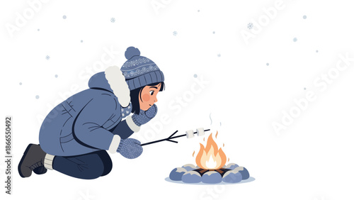 Cozy Winter Warmth Girl Roasting Marshmallows On Bonfire In Snowy Weather