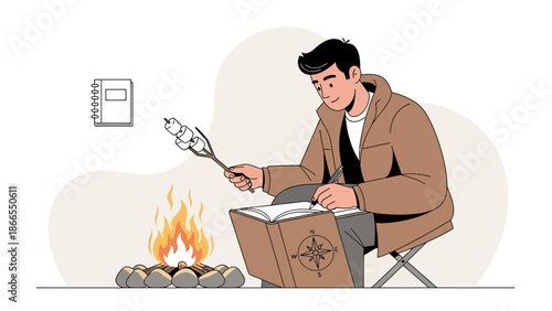 Creative Adventure: Young Man Writing in Nature with Marshmallow and Campfire