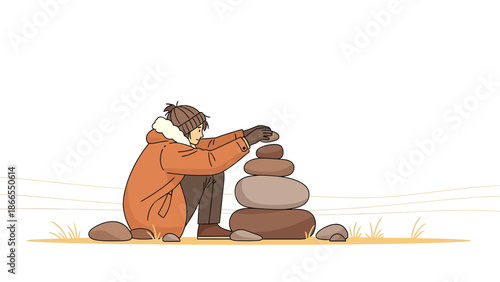 Creating Rock Stacking Tower During Winter Time Outside Activity Calmness