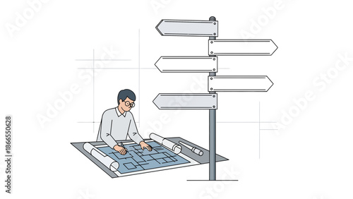 Creative Architect Designing House Plans Near A Signpost Indicating Different Directions