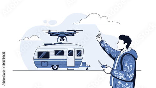 Controlling Drone Flying Over A Camper Van On Vacation Trip With Remote Control