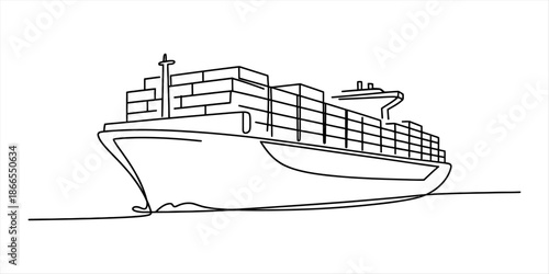 A continuous line art drawing of a large cargo container ship sailing on the open sea Vector, illustration