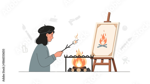 Creative Artist Enjoying Campfire While Painting Outdoor Scene on Canvas Illustration
