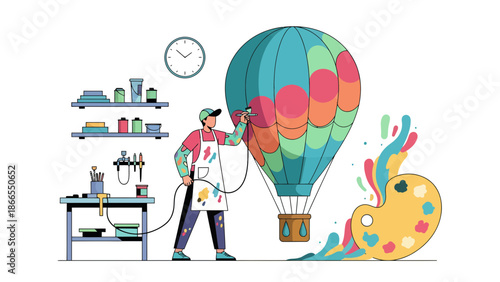 Creative Artist Painting Hot Air Balloon Using Spray Gun in Studio Workshop