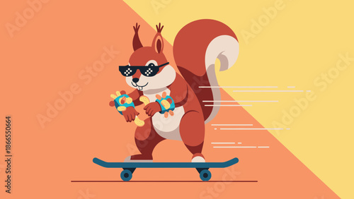 Cool Squirrel Skateboarding With Maracas Having Fun Cartoon Illustration