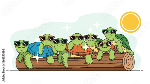 Cool Turtles Hang Out On A Log Enjoying A Sunny Day Illustration