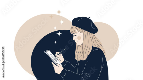 Creative Artist With A Beret Drawing In A Sketchbook Surrounded By Celestial Elements