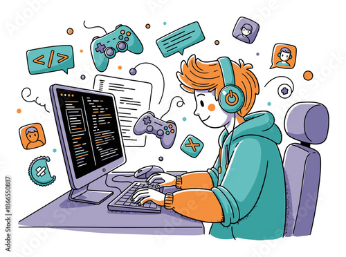 Game Developer Coding - Hand-Drawn Vector Illustration