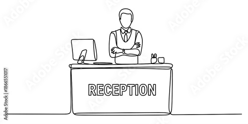 Continuous line drawing of a male receptionist standing behind a reception desk with arms crossed Vector, illustration