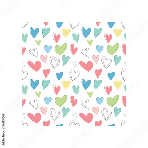 Colorful hearts are scattered across a white background in an illustration.