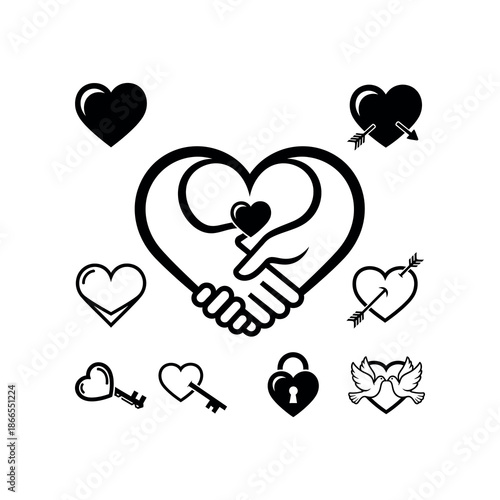 An illustration depicts hands holding a heart with smaller hearts and symbols around.
