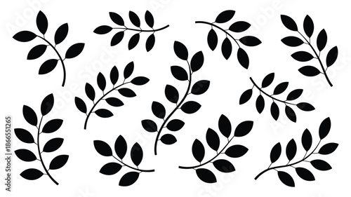 Collection of Black Silhouette Leaf Branches on White Background Keywords: leaf, branch, silhouette, black, white, background, nature, plant, foliage, botanical, design element, graphic, organic