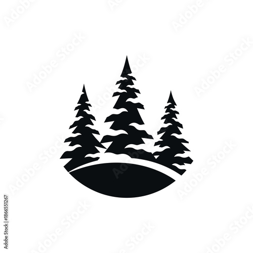 Illustration of three evergreen trees on a hill in a graphic design.