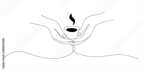 A minimalist one-line illustration of hands holding a warm cup with steam rising Vector, illustration