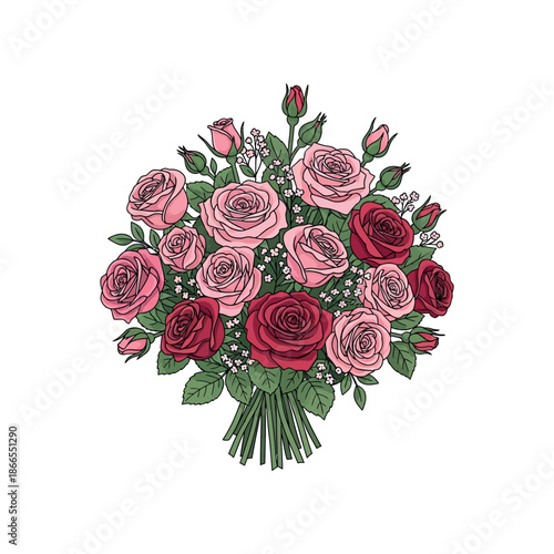 An illustration depicts a bouquet of roses and flowers on a white background.