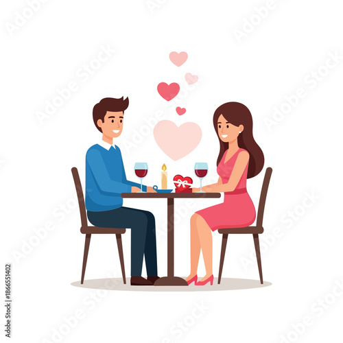 Couple enjoys romantic dinner with hearts floating above.