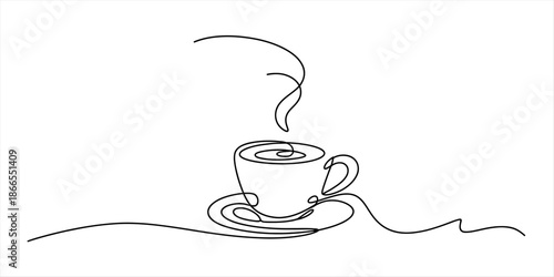 A minimalist continuous line drawing of a steaming coffee cup on a saucer Vector, illustration
