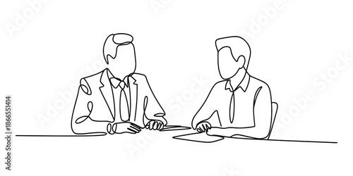 Minimalist one line drawing of two colleagues sitting at a desk for a discussion Vector, illustration