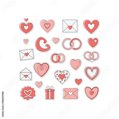 The illustration depicts various pink and red heart symbols, rings, and envelopes on a white background.