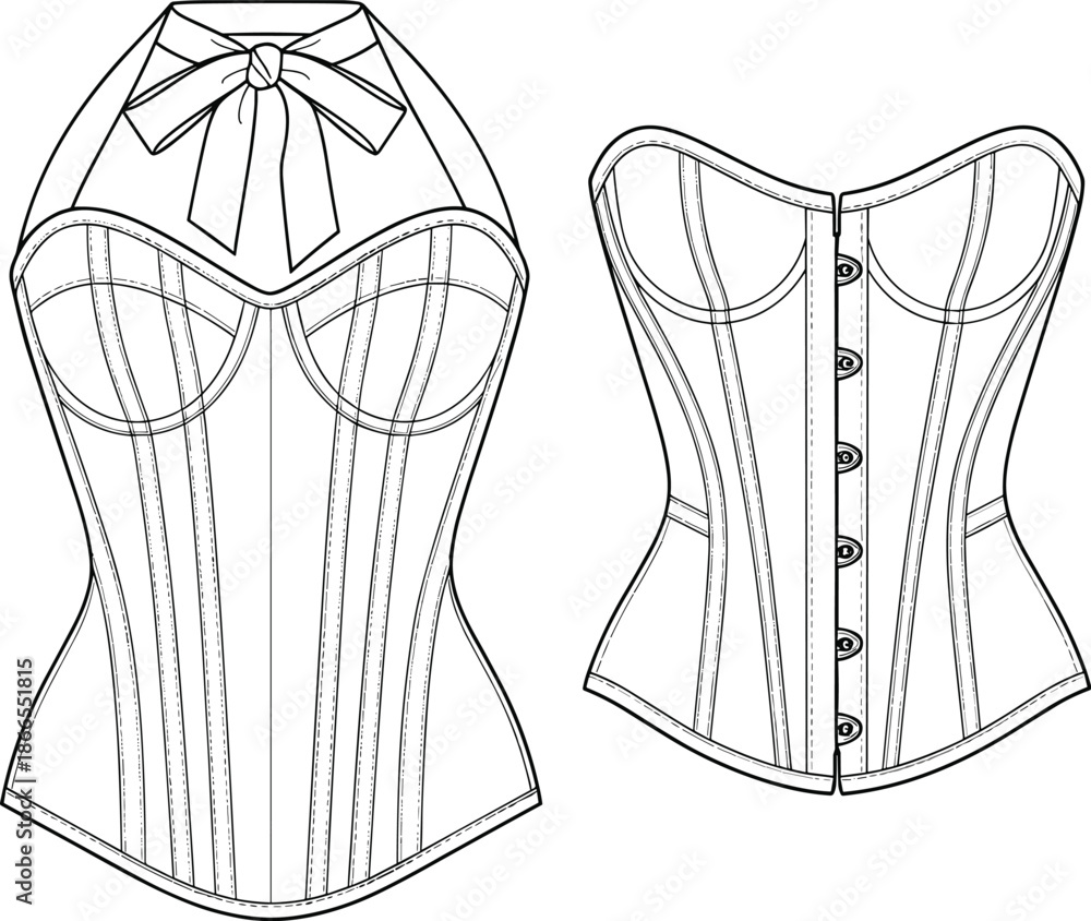 Εκτύπωση καμβά Corset fashion technical sketch, halter neck and strapless design, structured bu