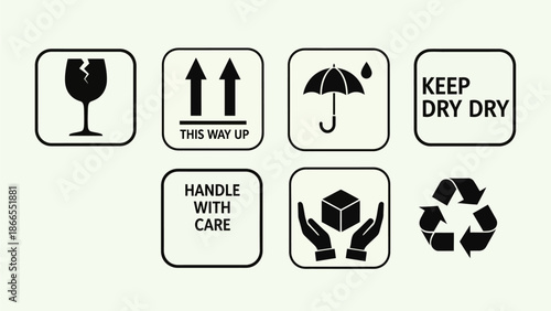 Set of black and white packaging warning and handling labels.