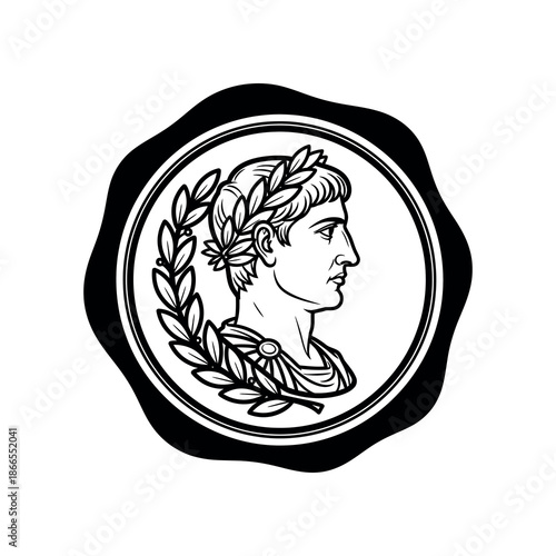 Emperor profile illustration with laurel wreath in circular frame, symbolizing victory and honor Page File