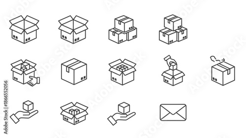 Collection of Simple Line Icons Representing Packaging and Shipping Processes.
