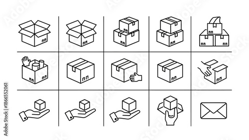 Simple line icons representing various stages of packaging and shipping.