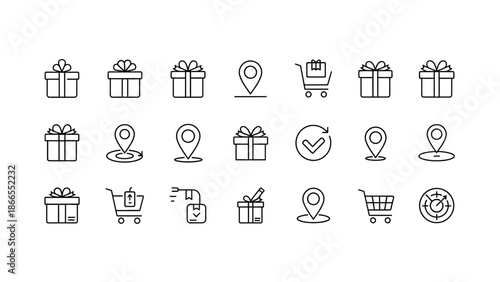 Collection of simple line icons representing e-commerce and gift concepts.