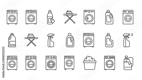 Collection of Laundry and Cleaning Icons in Simple Line Art Style.