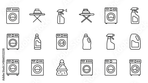Collection of laundry and cleaning icons in simple line art style.