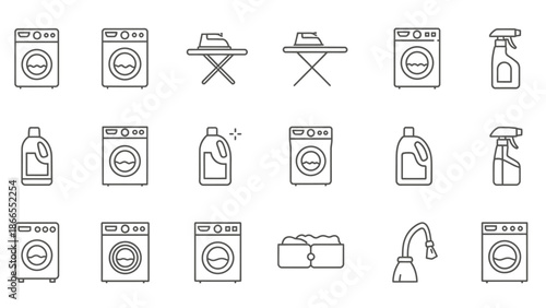 Laundry and cleaning icons set in simple line art style.