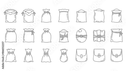 Collection of simple line drawings of various bags and pouches.