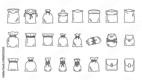 Collection of various sack and bag illustrations in black and white.