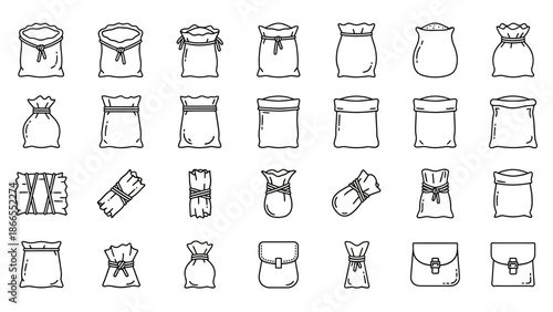 Collection of various bag and pouch designs illustrated in simple line art style.