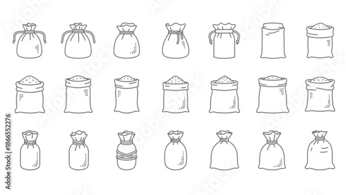 Collection of various sack and bag illustrations in different styles.