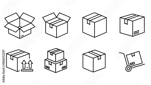 Collection of simple black and white box packaging icons.