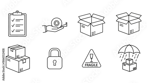 Set of simple line icons representing shipping and packaging.