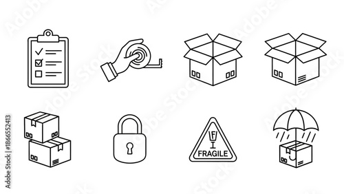 Collection of simple line icons representing packaging and shipping.
