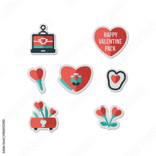 A Valentine's Day pack of heart-themed stickers displayed on a white background with love.