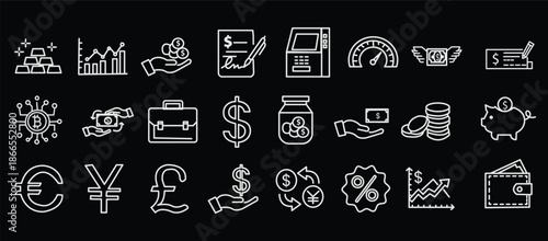 Finance line icon set. Vector pictograms of money, wallet, banking tools, currency symbols, investment chart, financial services, piggy bank, dollar thin linear illustration
