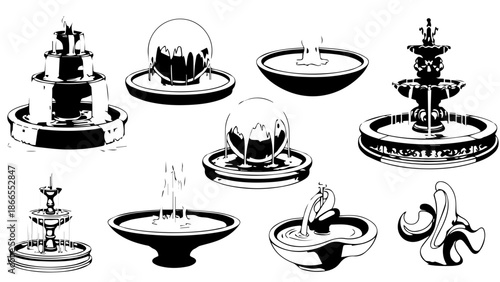 Collection of decorative fountains isolated on white background, Vector