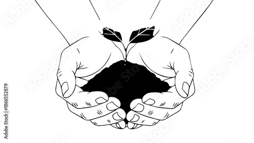 Hands holding a dark seedling isolated on white background, Vector