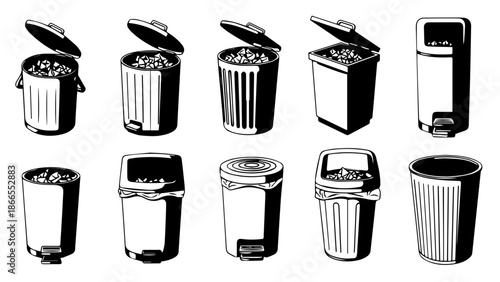 Assorted metal trash cans isolated on white background, Vector