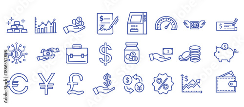 Finance line icon set. Vector pictograms of money, wallet, banking tools, currency symbols, investment chart, financial services, piggy bank, dollar thin linear illustration