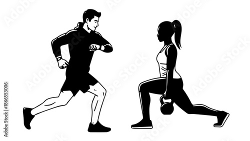 Individuals performing lunges with weights isolated on white background, Vector
