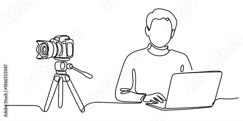 Continuous line art of person creating content with laptop and professional camera Vector, illustration