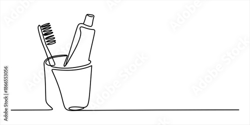 Continuous line drawing showing a toothbrush and toothpaste tube in a glass Vector, illustration
