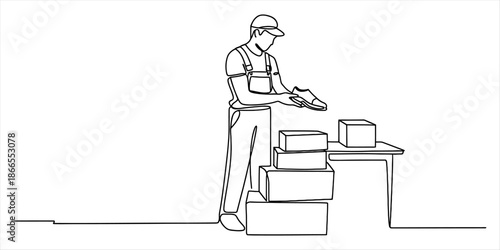A continuous line art drawing of a worker packing a shoe into a box for shipping or delivery Vector, illustration