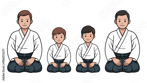 Four individuals wearing traditional martial arts uniforms sitting in seiza position with smiling faces and different hairstyles